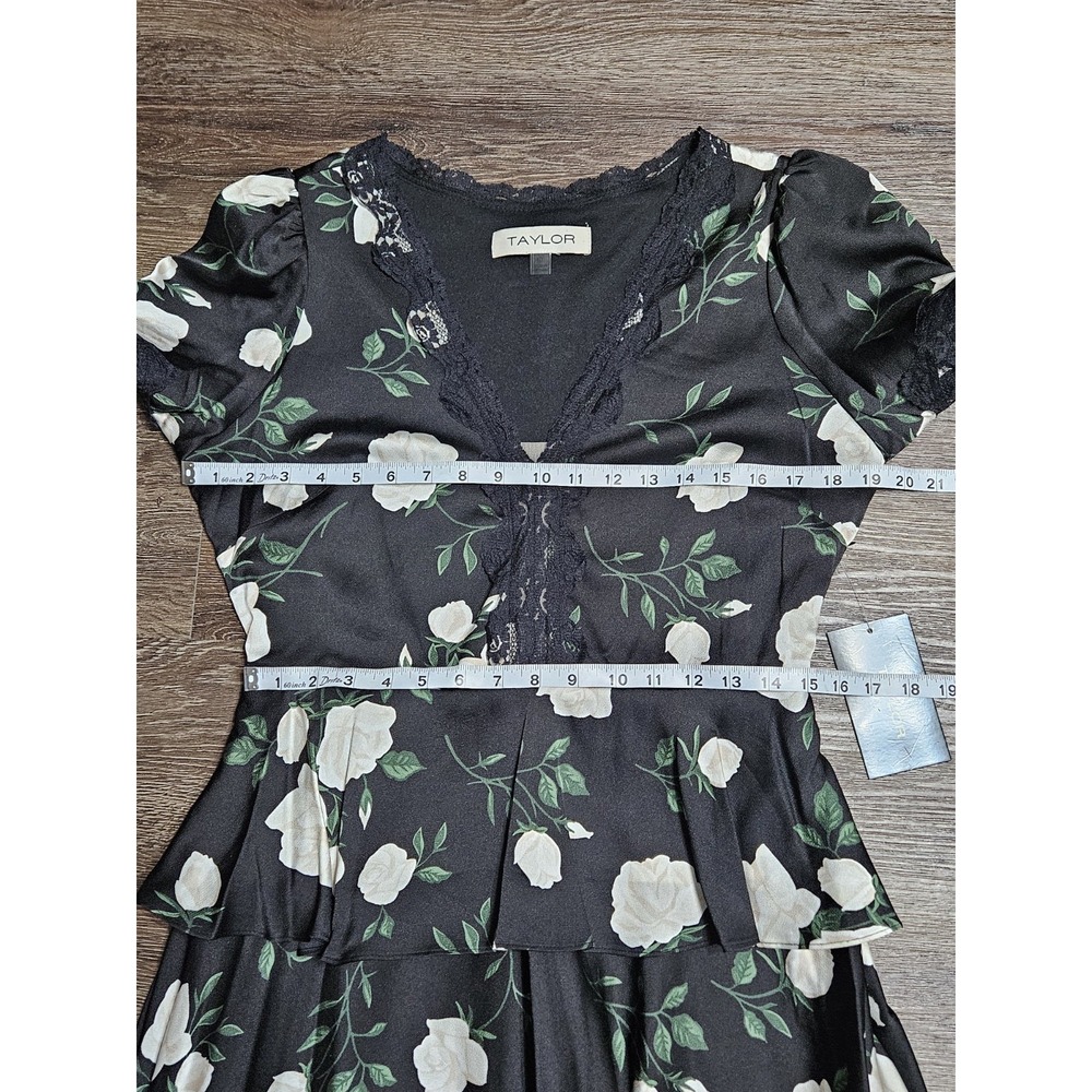 Taylor Women's Black Floral Short Sleeve V-neck Tie Waist Peplum Maxi Dress - Picture 12 of 16